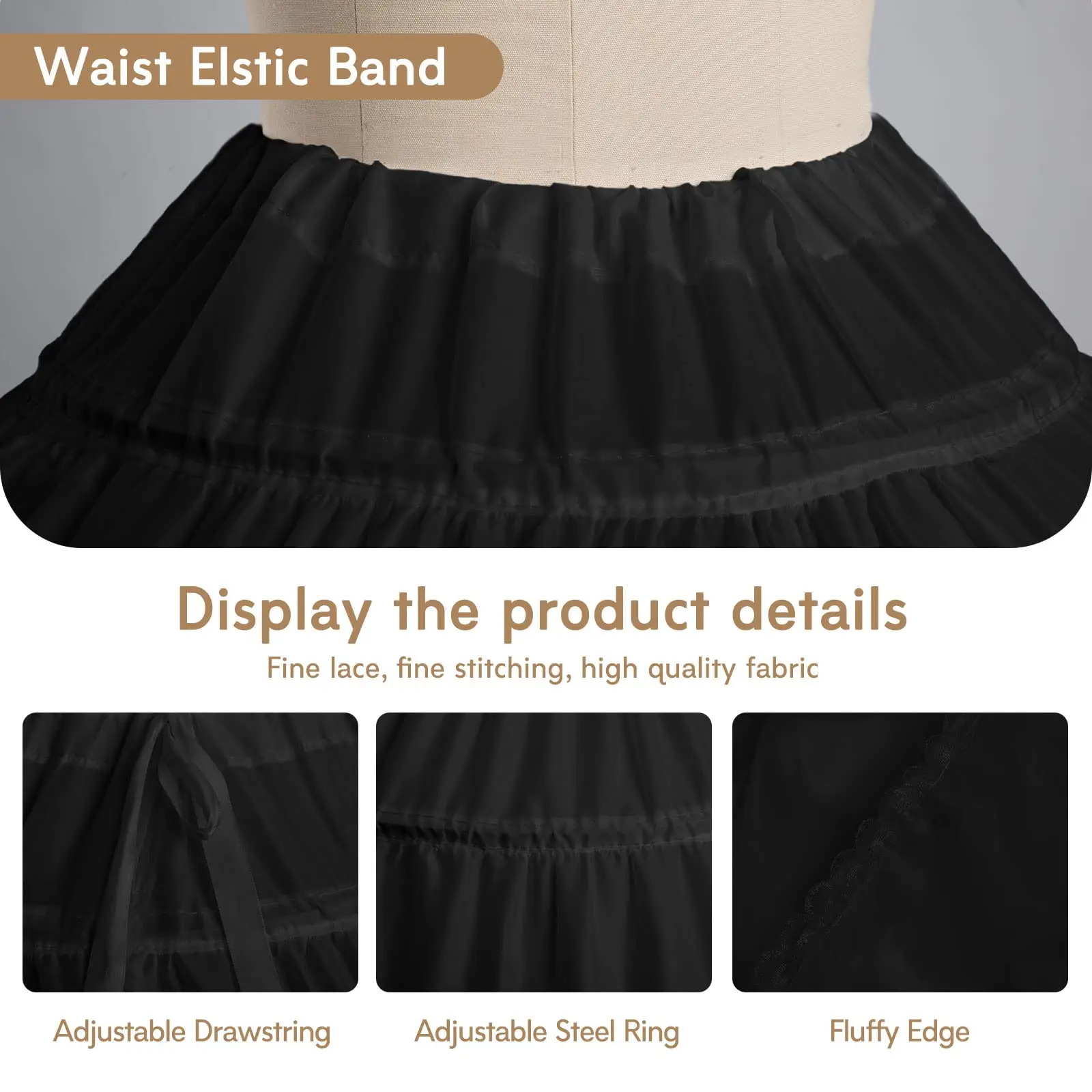 Black 6 Hoops Crinoline Long Wedding Petticoat Ball Gown Dress Underskirt Skirt Half Slips Wedding Accessories