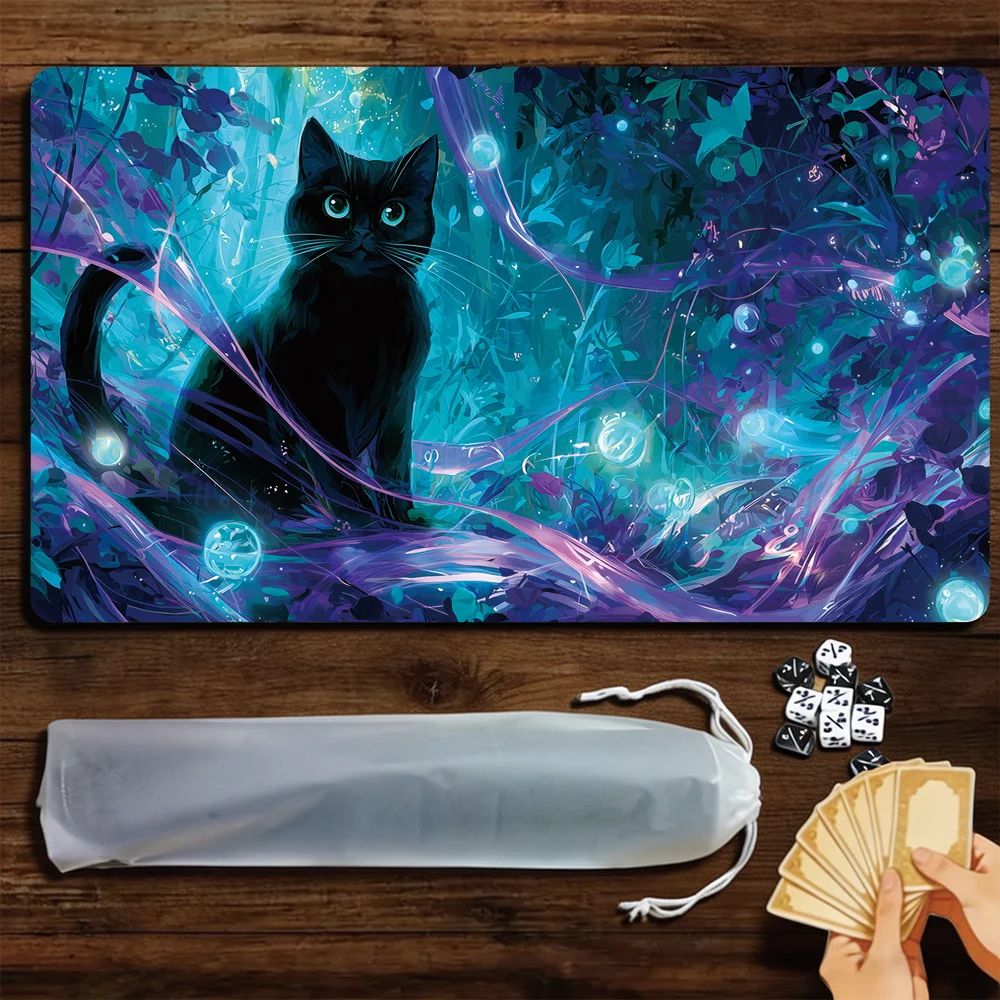 Magic Forest Black Cat TCG Playmat Magic Playmat Gathering Gaming Mat with Stitched Edge Anti-slip base Trading Card Game