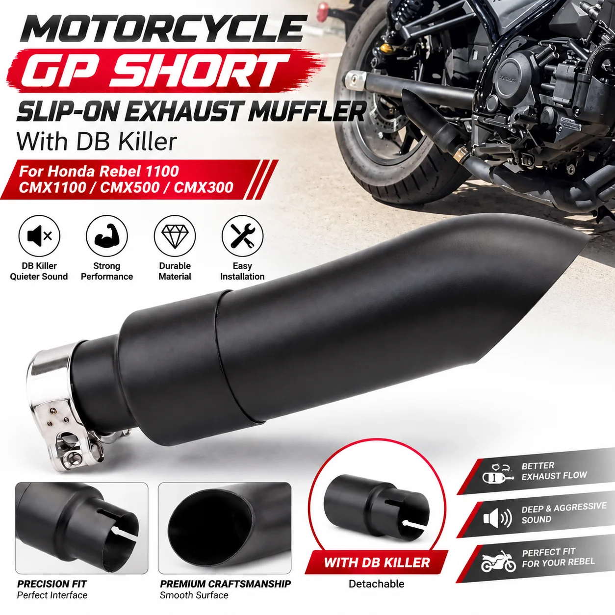 Tubo di scarico GP per moto, silenziatori corti a innesto per Honda CMX500 CMX300 CMX1100 Rebel…