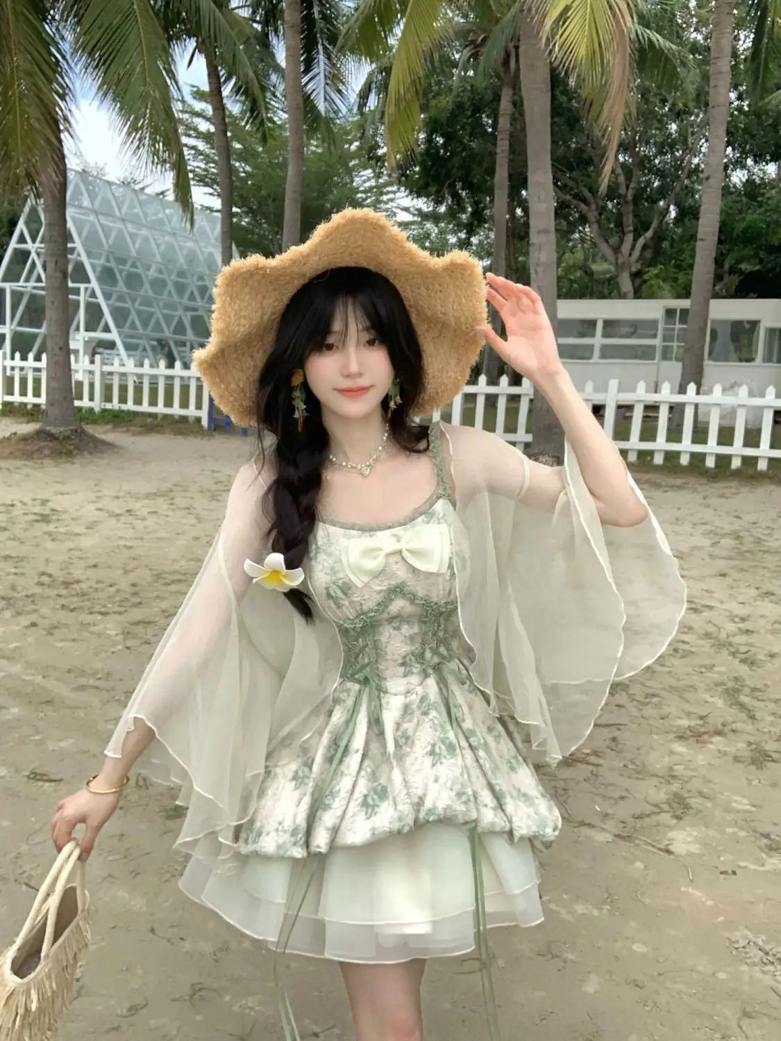 Feminino verde estilo fada vestido fino ajuste cinta de espaguete renda plissado hem malha vintage retalhos elegante kawaii roupa estética