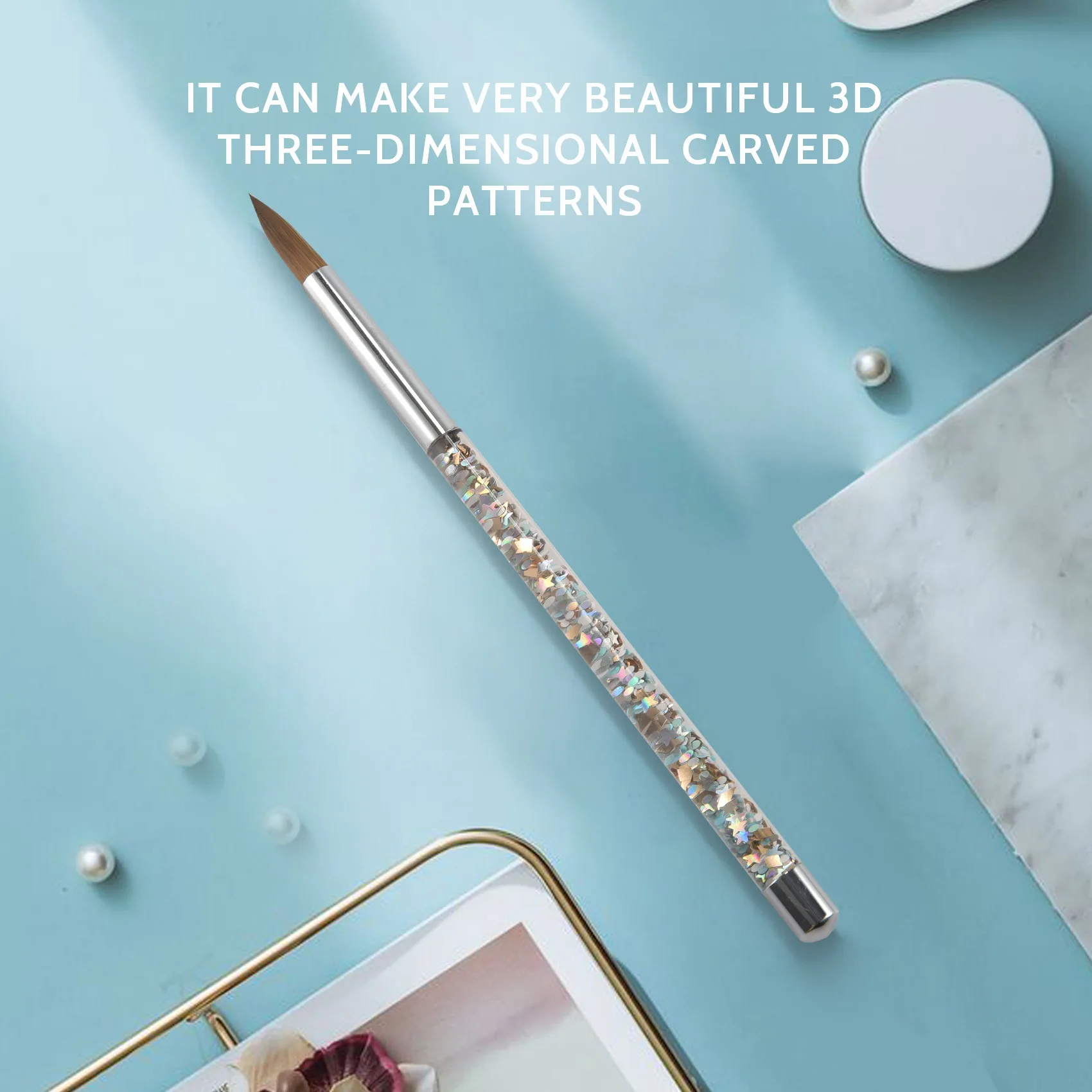 1Pc pennello per unghie acrilico Kolinsky Sable in oro rosa con pennello per Nail Art glitterato a flusso liquido per strumento per Nail Art 14