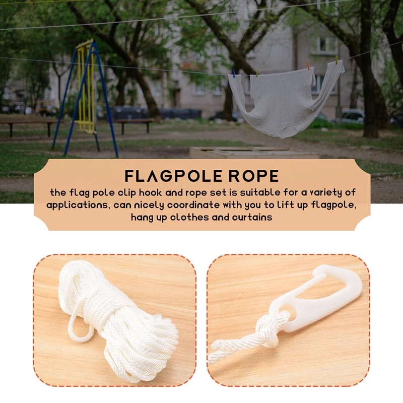 A21I-50 Feet X 1/4Inch Flag Pole Halyard Rope With 4 Pieces Flag Pole Hook Clips,Outdoor Flagpole Accessories Compatible