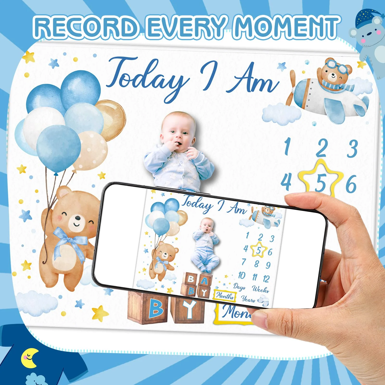 VIKAMA Cute Bear Themed Milestone Blanket, Baby Monthly Growth Photo Mat for Newborn Photography Nursery Decor