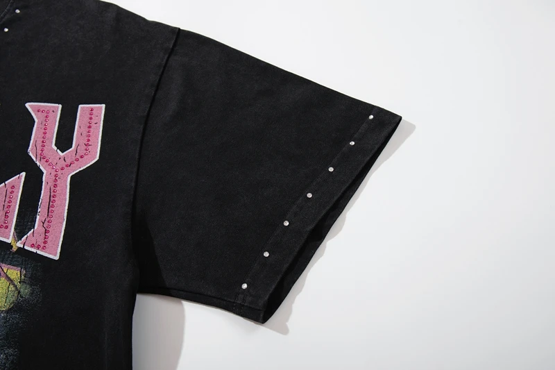 Hip-Hop Streetwear Lustiges Skelett-Grafik-T-Shirt für Männer Vintage Schwarz Gewaschenes Strass-Tee Übergroßes Baumwoll-Shirt im Used-Look – Detail 12