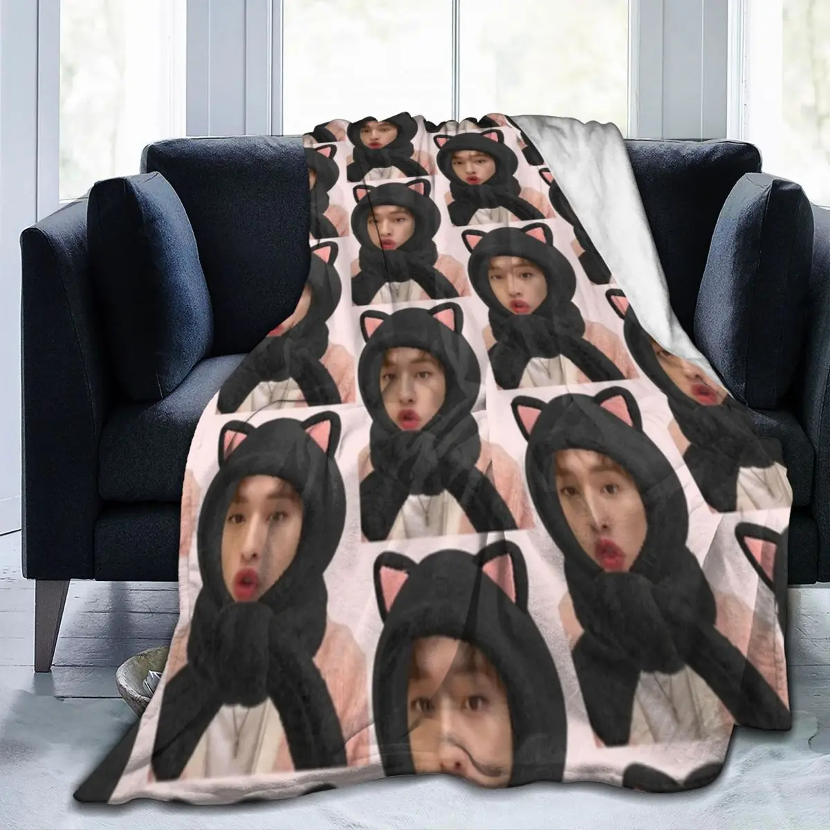 Lee Know Cat Filter Flannel Blanket Kpop Cute Super Warm Bedding Throws for  Chair Sofa Bed Camping Bedspread Sofa Bed Cover