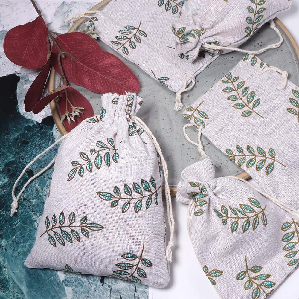 5 Stück/Set Baumwoll-Leinen-Beutel mit grünem Blattmuster, Geschenkbeutel, Schlüssel-, Münz- und Kosmetik-Aufbewahrungsbeutel, Schmuckverpackungsbeutel – Detail 6