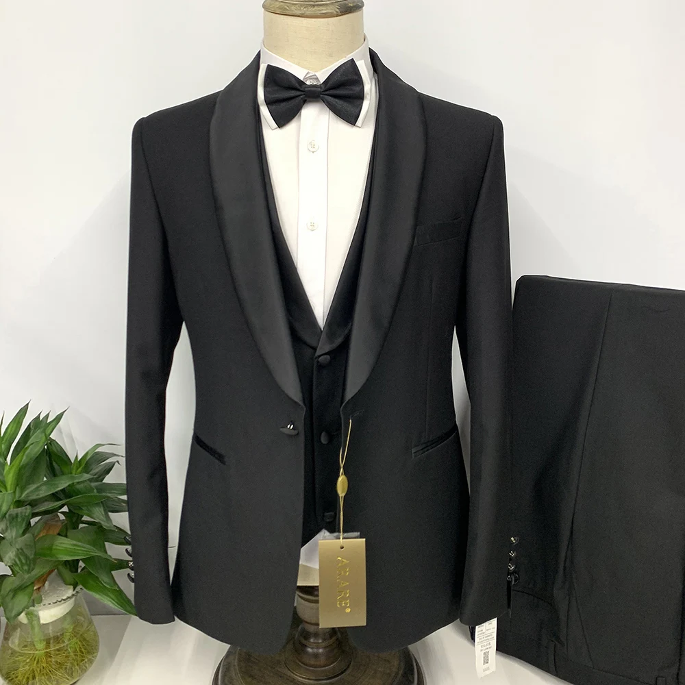

2023 Fashion New Linen Suit Business Slim Fit Black Shawl Lapel 3 Piece Wedding Party Prom Casual Boutique British Style Set