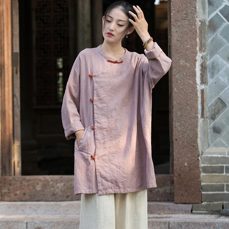 النمط الصيني المرأة القطن الكتان معاطف جديد وصول 2025 الخريف Vintage س الرقبة عادي اللون فضفاض الإناث سترات رجالي M1988