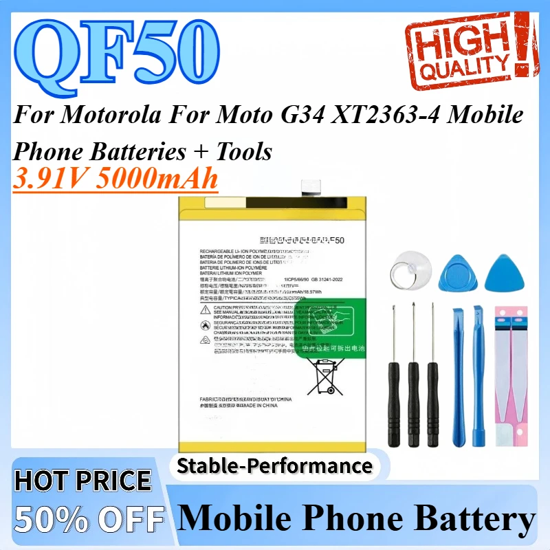 3.91V 5000mAh QF50 High Quality Battery For Motorola For Moto G34 XT2363-4 Mobile Phone Batteries + Tools