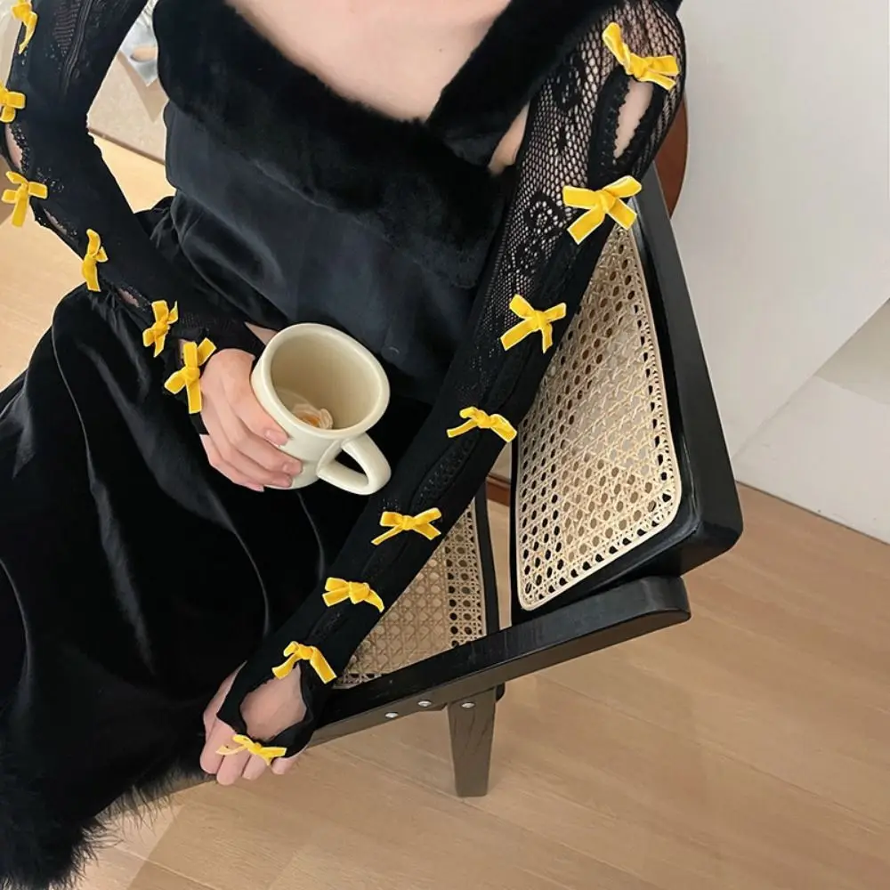 Hollowed Out Gloves Lace Gothic Shawl Sleeves Bowknot Shawl Bow Shawl Sleeves Strapping Flocked Bow Fingerless Gloves Girl Party