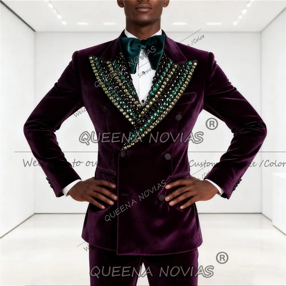 

Luxury Beaed Stones Suit Attire For Men Velvet Groom Blazers Customized 2 Pieces Sets Costume Homme Man Wedding Tuxedos Outfits