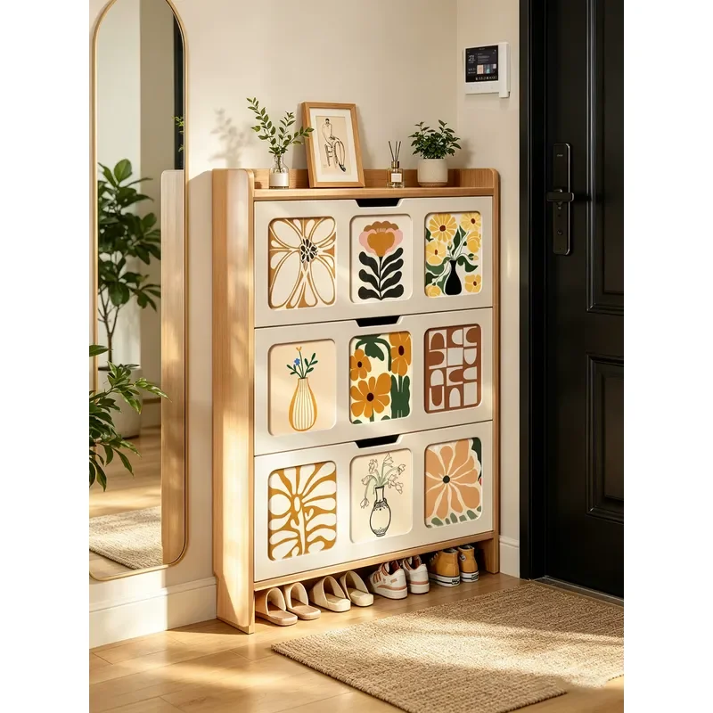 Solid Wood Ultra Thin Tipping Bucket Shoe Cabinet Small Narrow Entryway Storage Wall Mounted Rack 2026 New Household