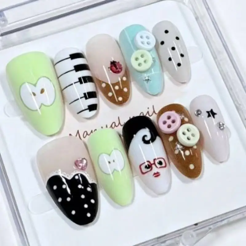 10 Pieces of Playful Cartoon Retro Button-Style Press-On Nails