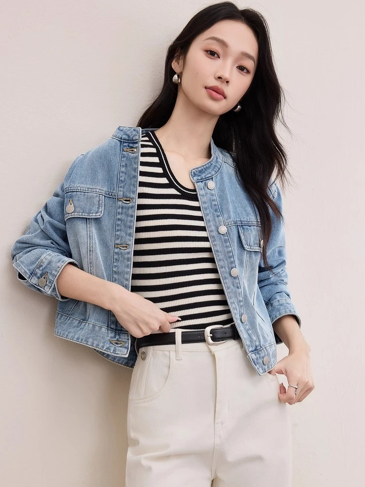 SENTUBILA Cotton Denim Jacket Women's 2025 Autumn Stand-collar Loose Long-sleeve Short Jacket Dropped-shoulder Tops W53WD3020