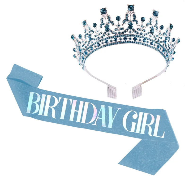 Bling Rhinestone Crystal Crown Tiara Birthday Girl Queen Sash and Crown for Women Birthday Party Decoration Kit