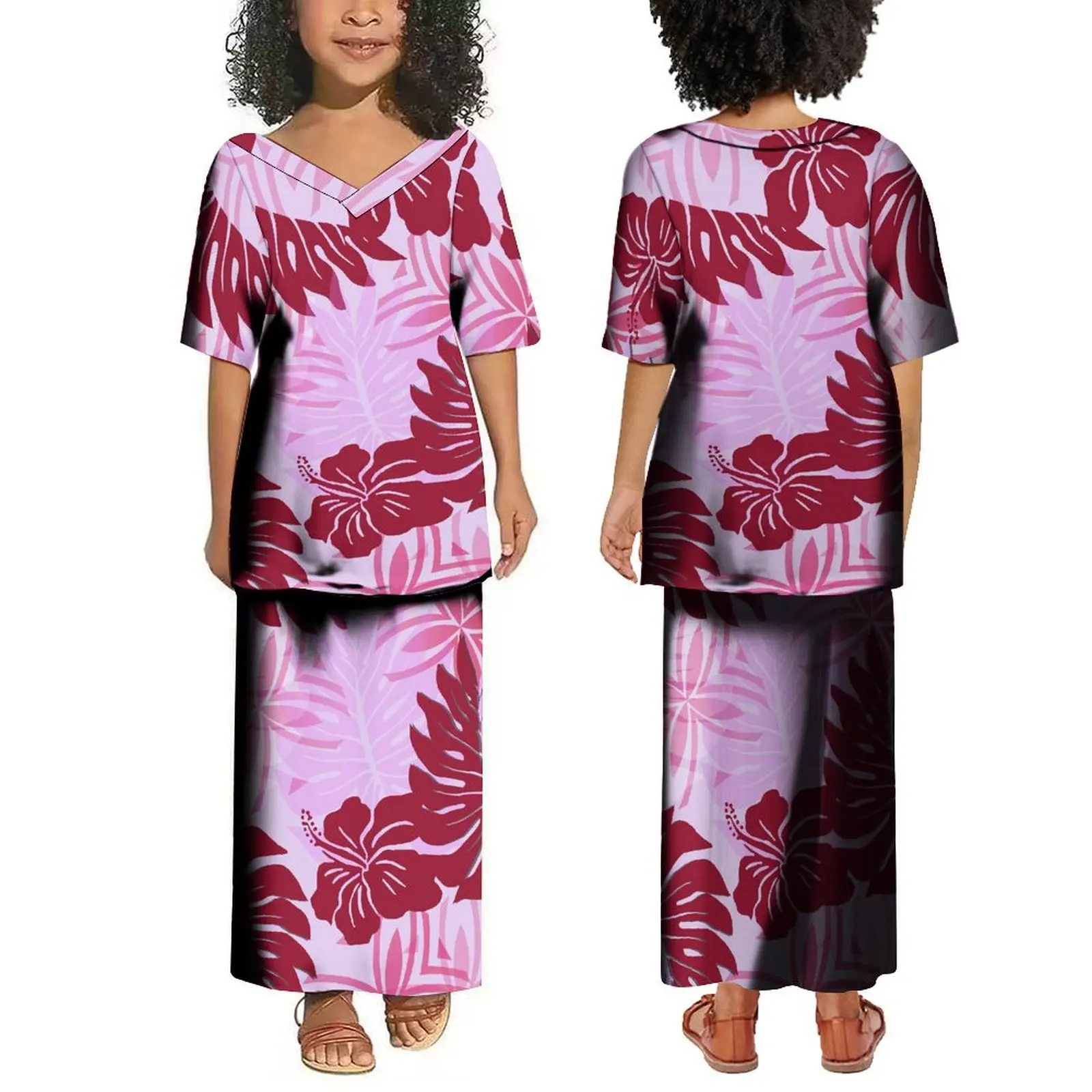 Robe Longue à Imprimé Floral pour Enfant, Tenue d'Été, Col en V, Manches Courtes, Style Ile, Nouveau Modèle 2024