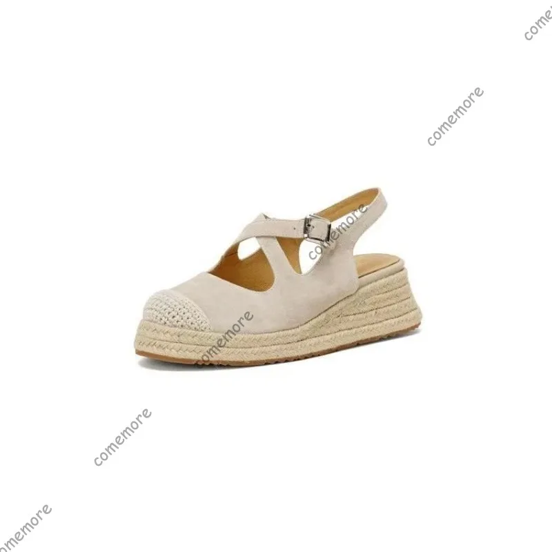 Comemore Platform Baotou Wedge Heel Pumps Spring Summer Flat Straw Botttom Suede Casual Mary Jane Shoes Round Head Heels Women view 6