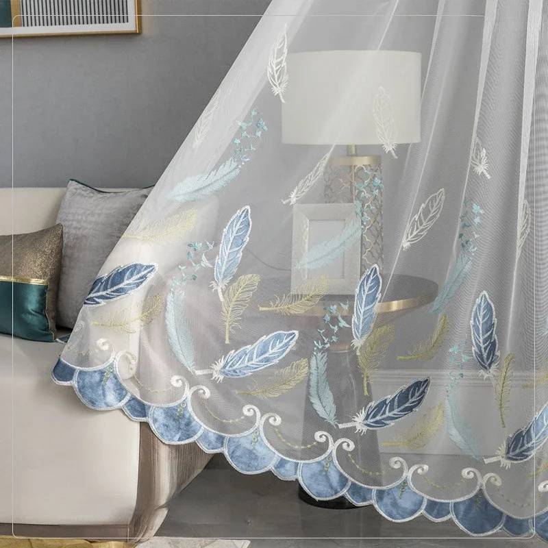 Light Luxury Velvet Embroidered Feather Window Screens Simple And Modern Three-dimensional Transparent Curtains For Living Room