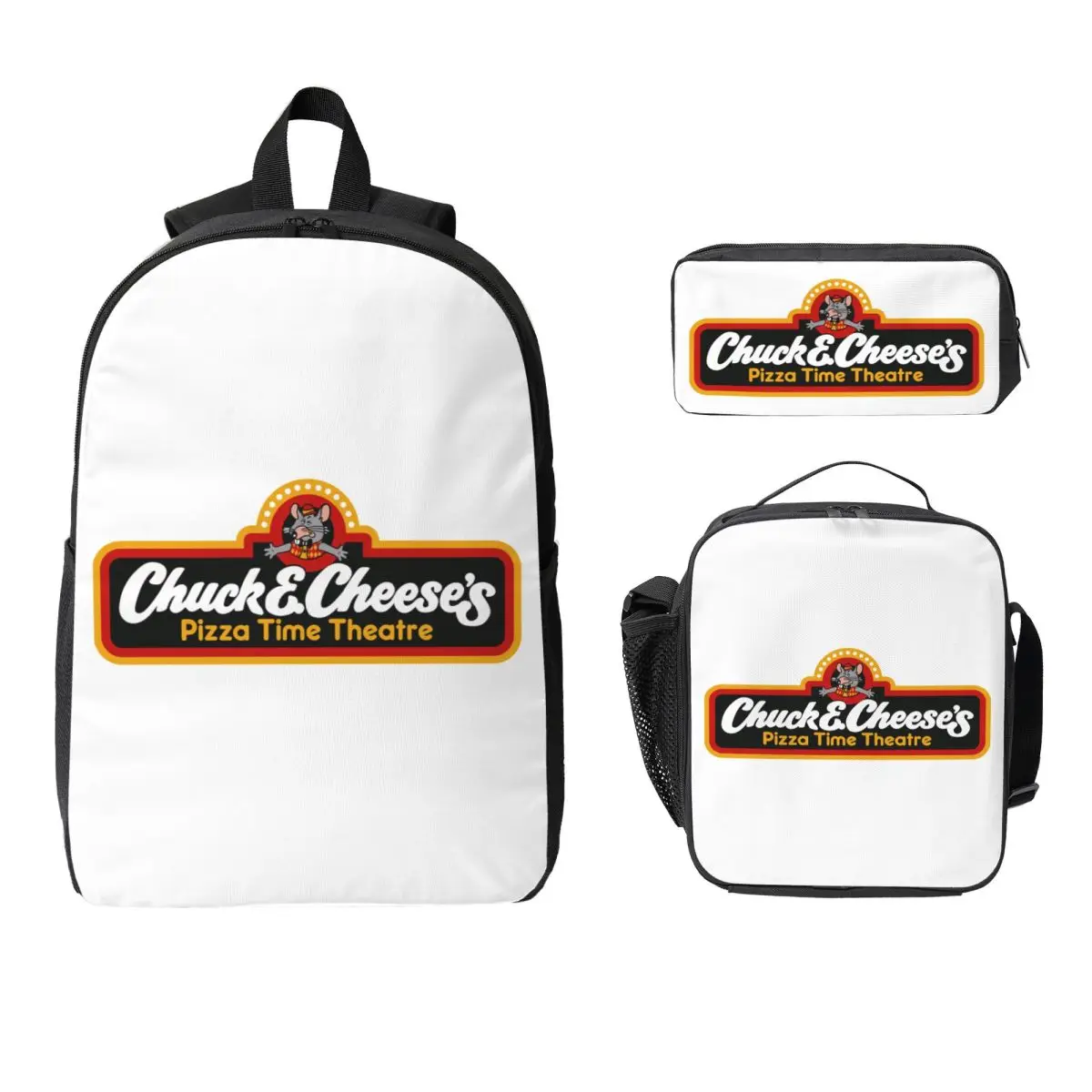 

Chuck E Cheese Logo Backpack Student Boys Girls BookBag School Bag Computer Shoulder Bags 3ps Insulated Lunch Bag Pencil Case