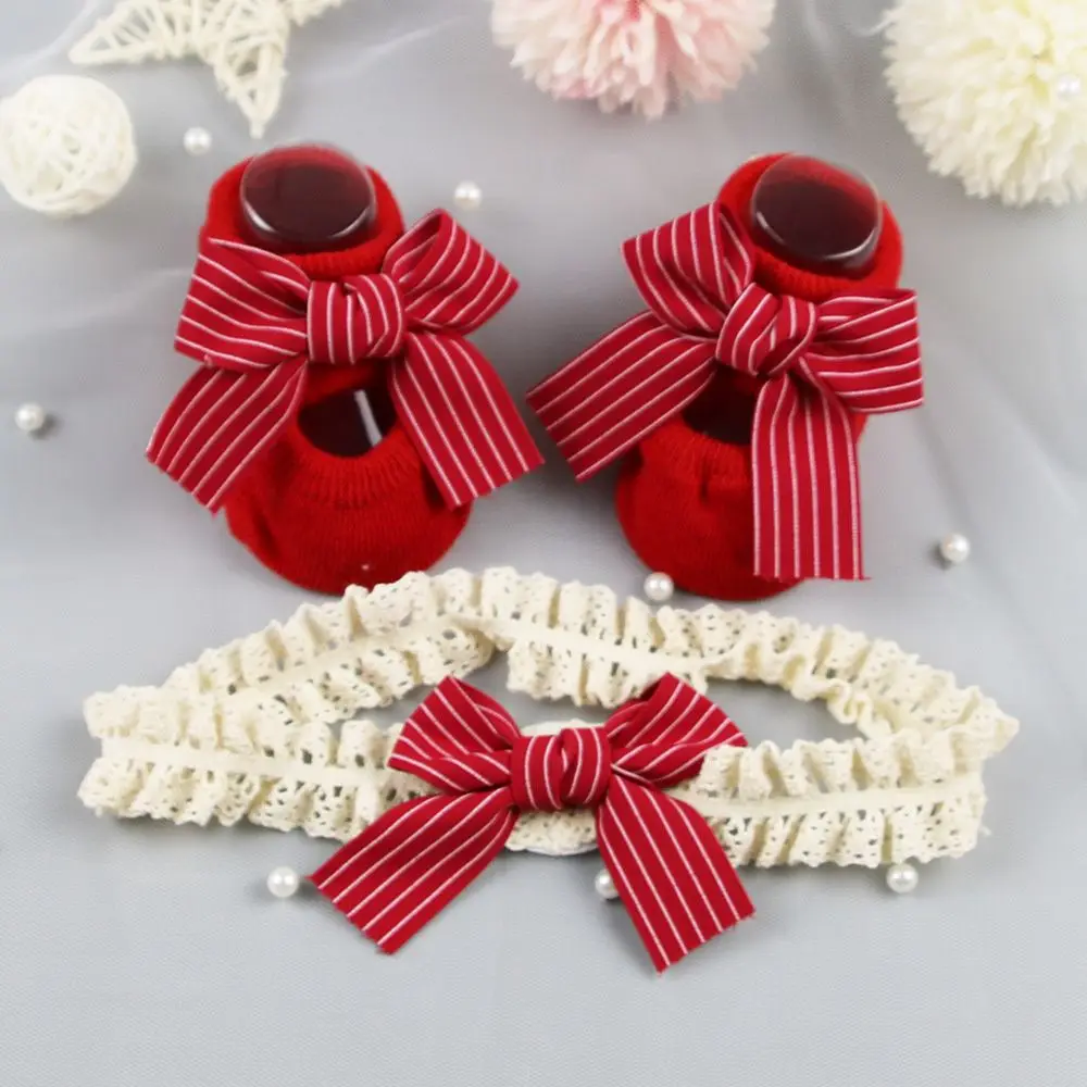 

Cotton Striped Red Bow Headband Heart Newborn Baby Girl Socks Toddler Floor Socks Socks Headband Set Infant Anti Slip Socks