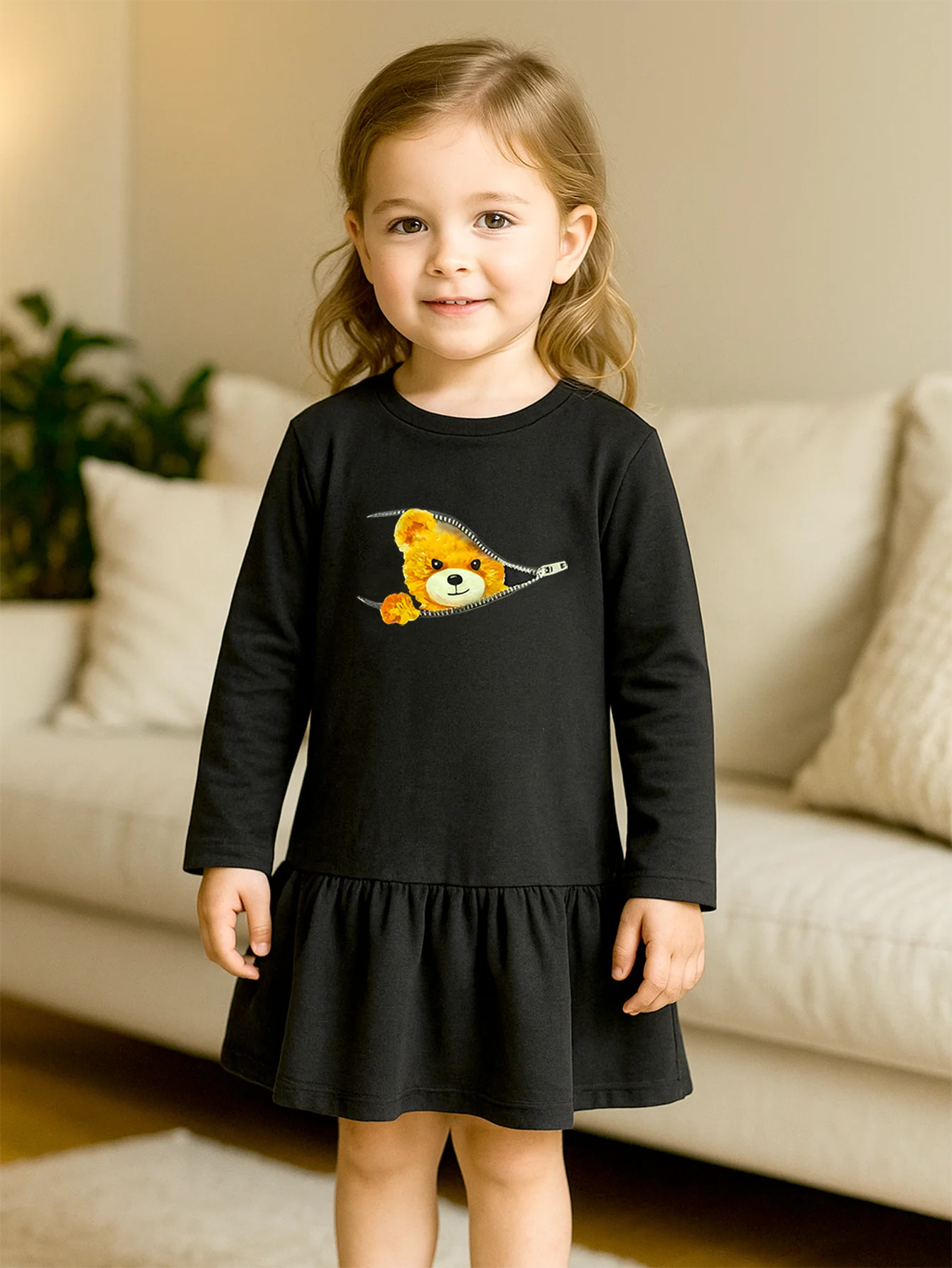Spring Autumn Girls Clothes Bear Motif Ruffle Hem Long Sleeve round Neck Simple Fashion Girls Dress Children's Clothing