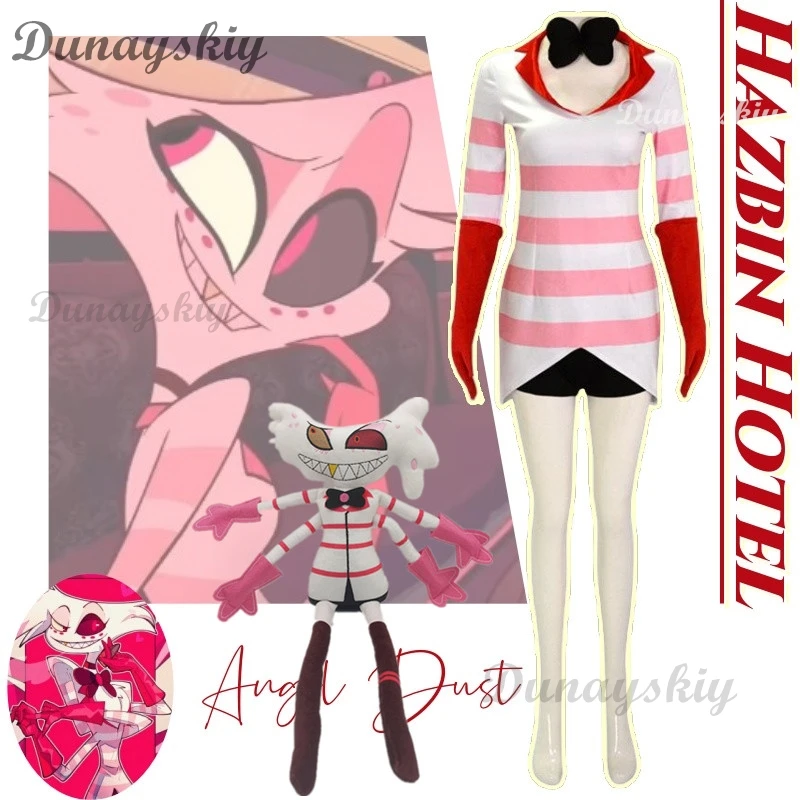 Anime Hazbin Cosplay Costume pour femme, Angel Dust, Dust Angel, Robe sexy, Vêtements à rayures rouges et blanches, Chaussettes, ixd'Halloween, Hôtel