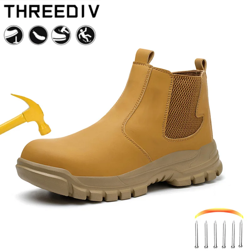 Mens Waterproof Safety Shoes Yellow Steel Toe Cap Boot Men's boots Anti-smash Outdoor Sneakers for Work High Industrial Footwear