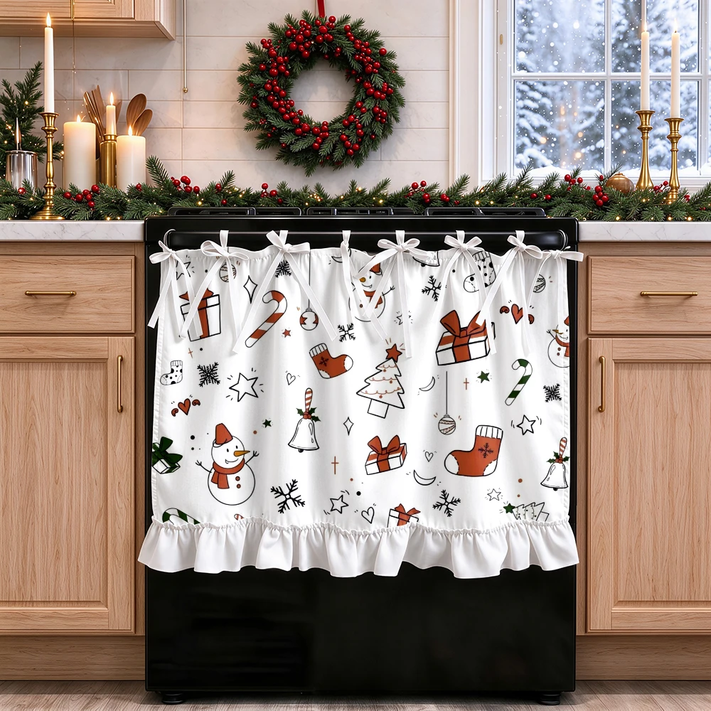 1PC Christmas Tie Up Kitchen Curtain, Doodle Line Art Snowman Gift Bell Stocking, Digital Print, Kitchen Dining Room, Home Decor