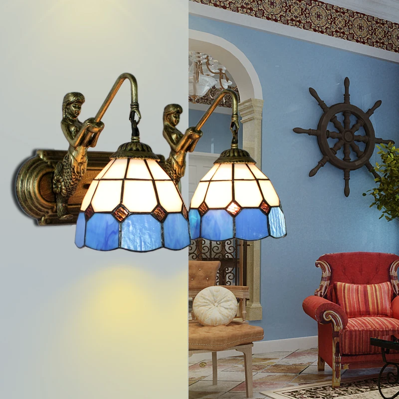 Mediterranean Tiffany Double Mermaid Glass Sconce Lamps Light Light E27 Bedside Wall Fixtures Home Decoration Lighting