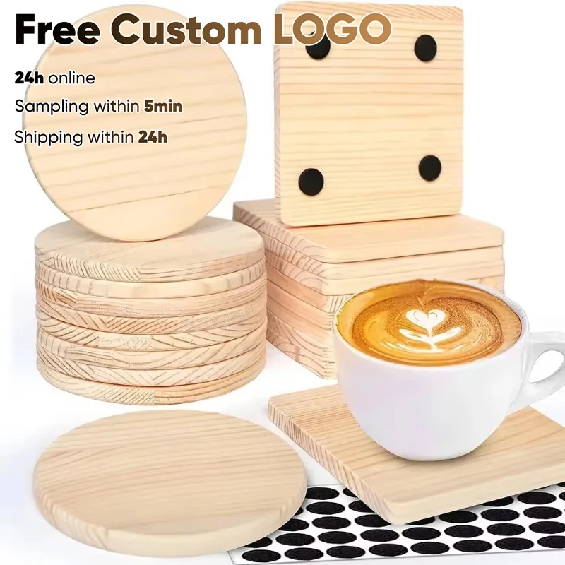 

Free Custom Circular Blank Wooden Coaster Used for Crafts with Anti Slip Silicon Dots, for DIY Painting, Woodcut Home Decoration