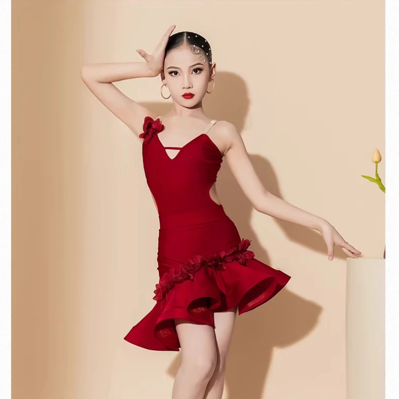 여아 라틴 댄스 드레스 레드 차차 룸바 삼바 트레이닝 탑 스커트 연습복 어린이 댄스 드레스 CN-25131