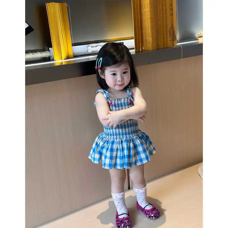 

Girls' Summer Dress New Sweet Children's Blue Checkered Strap Skirt Fashion and Cute Kids Dress