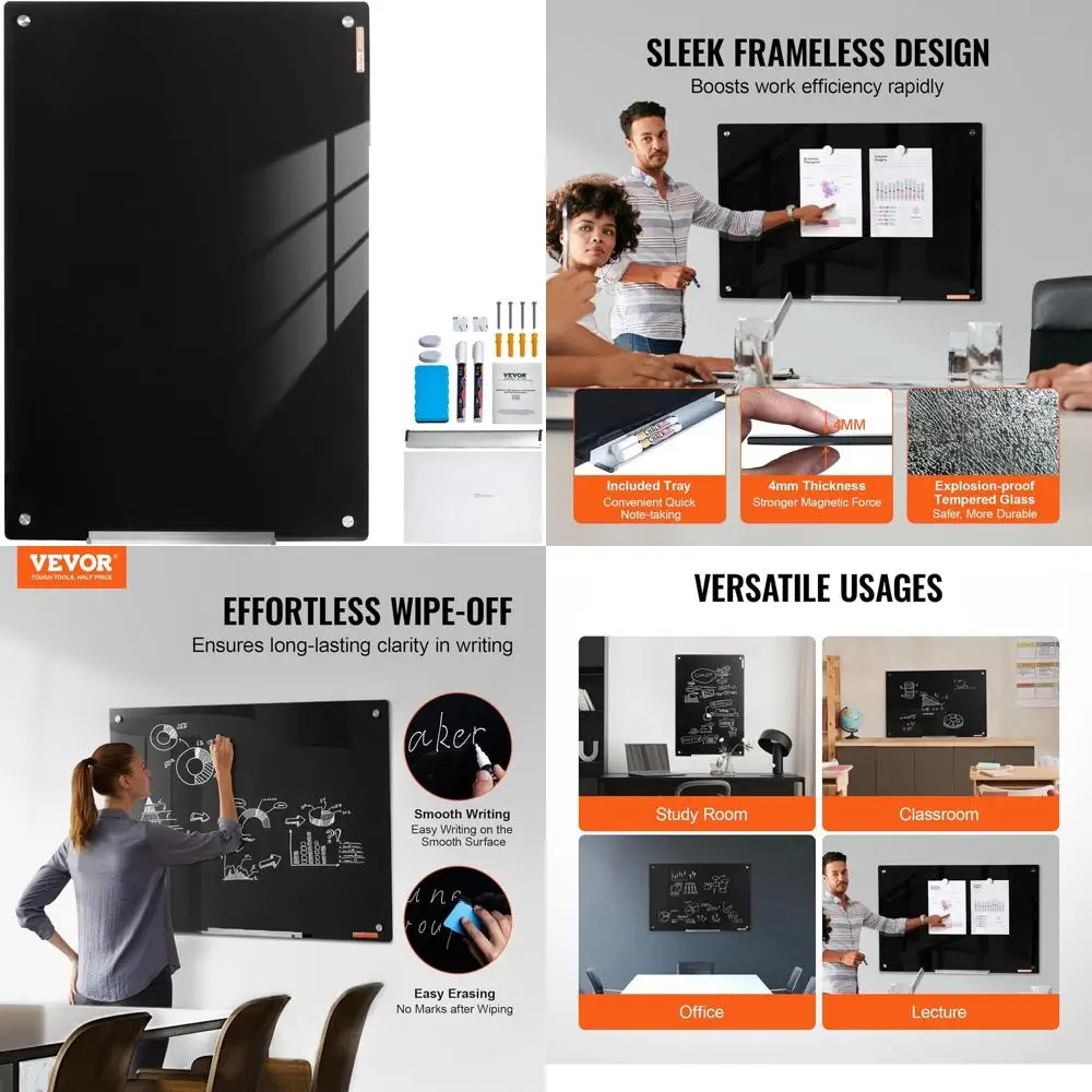 

Frameless Magnetic Whiteboard, 36x24 Inches, Wall-Mounted Glass Dry Erase Board with Tray, Eraser, and 2 Markers, Black