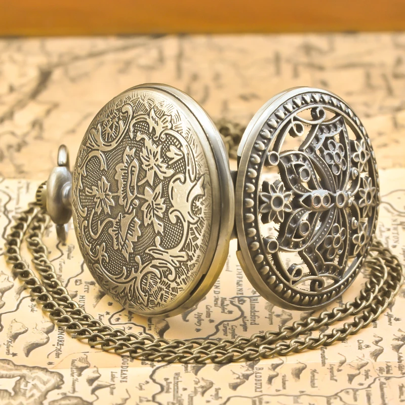 Vintage Perunggu Steampunk Kupu-kupu Dan Bunga Potongan Diukir Kuarsa Jam Saku Kalung Liontin Jam Rantai Pria Wanita ChainGift