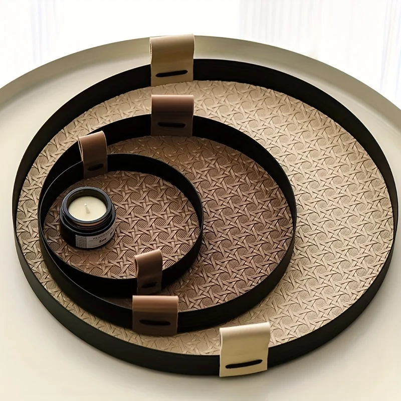 Nordic Round Jewelry Tray Woven Leather Storage Tray Living Room Kitchen Desktop Cosmetic Sundries Plate Home Decoration