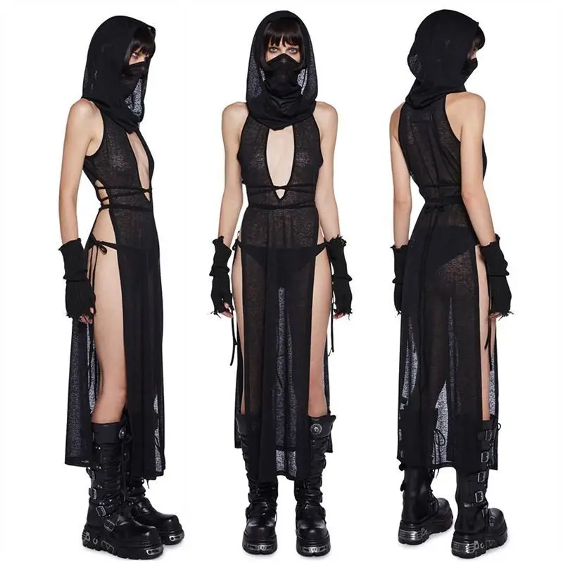 Subcultural Sand Dune Wasteland Style Black Ninja Hooded Dress Sexy Dark Goth Low Cut High Slit Long Skirt