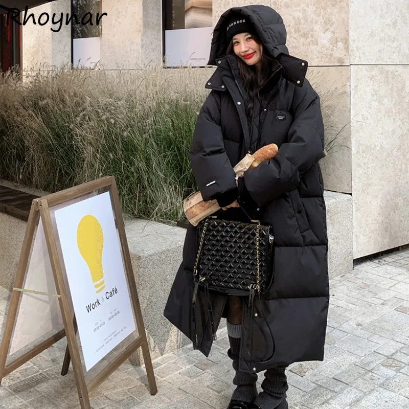 

Women Parkas Long Down Plus Velvet Waterproof Hooded Coat Replaceable Badge Multi-pocket Two-way Zipper Windproof Soft Solid
