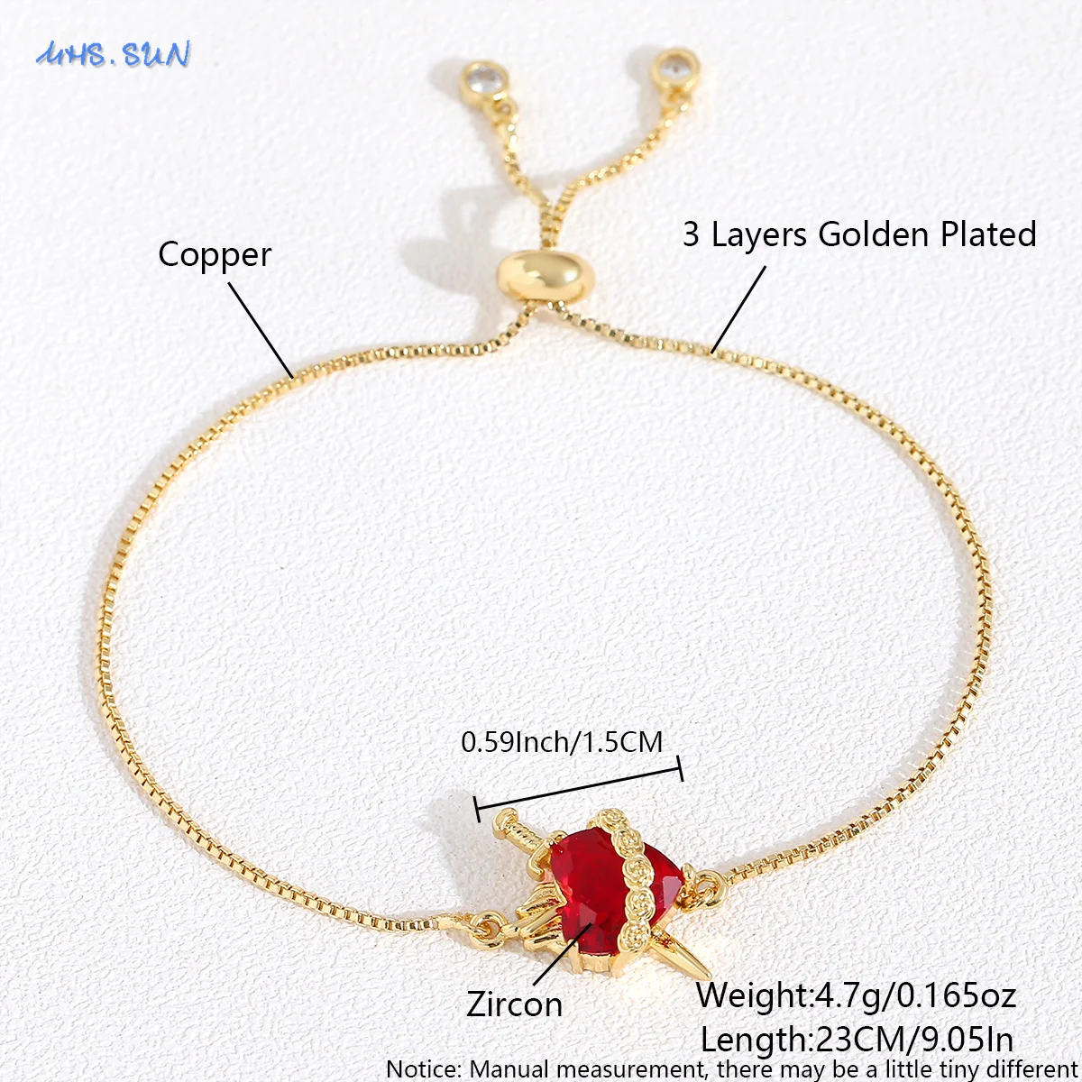 MHS.SUN Cubic Zircon Red Sacred Heart Bracelets Gold Plated Adjustable Chain Bracelet For Women Men Party Jewelry New Design