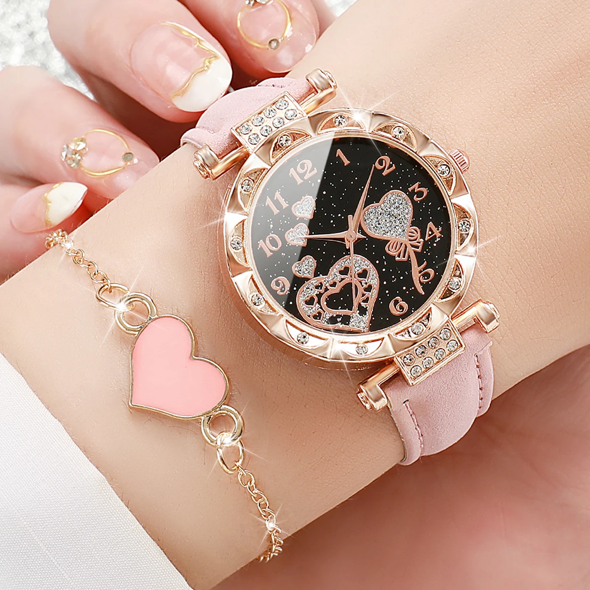 4 unids/set Ins estilo mujer moda amor reloj correa de cuero reloj de cuarzo con pulsera