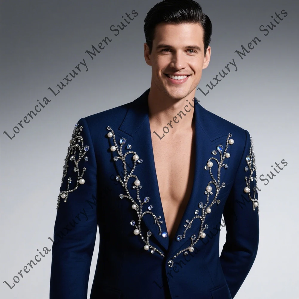 

Casual Crystal Male Suits 2 Pieces Single Breasted Tuxedos Banquet Party Groom Outfits Customized Blazer Pants fatos de homem