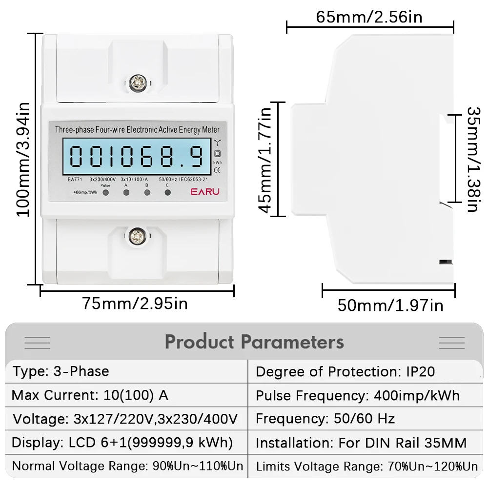 EARU Three Phase Energy Meter Backlight Bidirectional Electricity Meter kWh RS485 Remote Communication for Meter Reading AC 380V