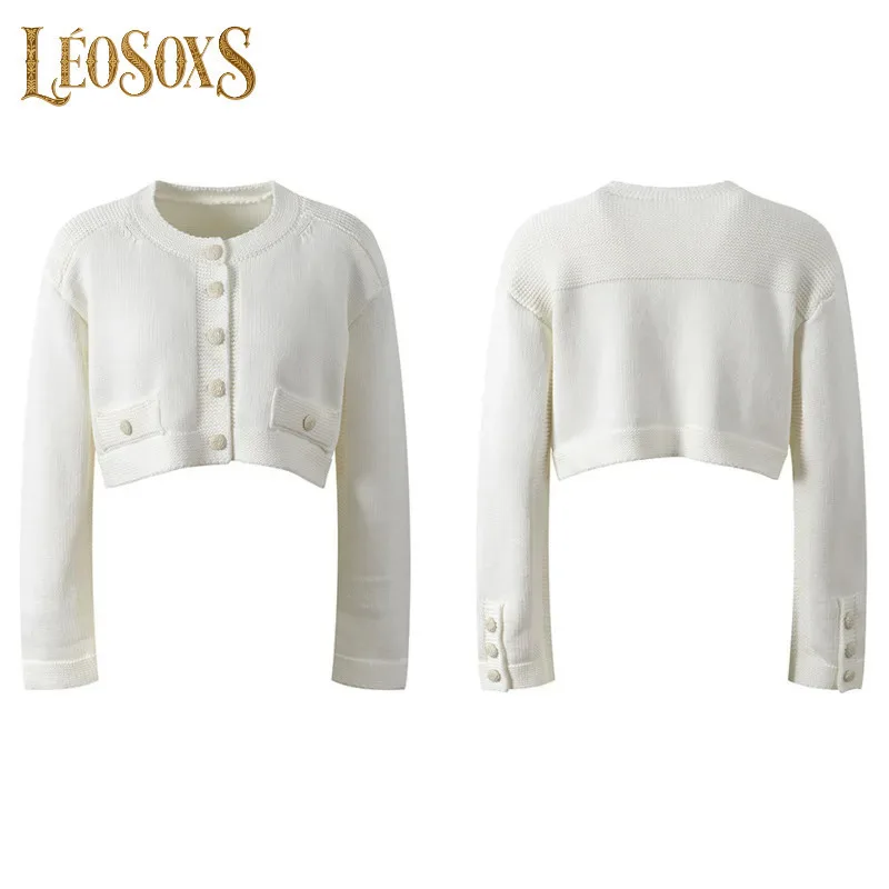 

LEOSOXS женский белый укороченный кардиган с длинными рукавами и пуговицами спереди, мягкий вязаный свитер с карманами для повседневного повседневного офиса и улицы