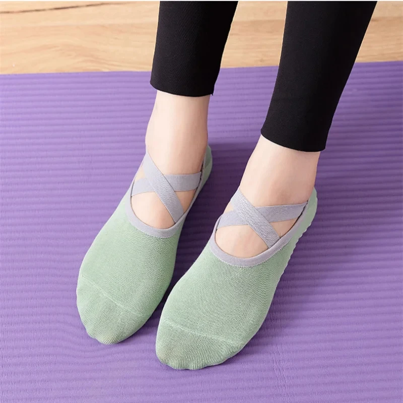 Kaus kaki Yoga Anti selip, 1 pasang kaus kaki profesional, kaus kaki balet Pilates, kaus kaki olahraga balutan, kaus kaki punggung terbuka untuk wanita