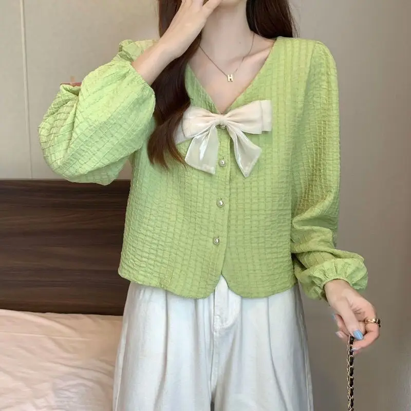 French Style Shirts Women V-neck Bow Long Sleeve Loose Solid Sweet Clothing Spring Autumn Design Casual Commuting Fashion New