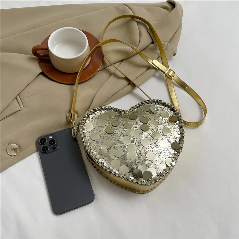 Gold Sequin Heart Shape Crossbody Bag Women Evening Party Clutch Purse Fashion Sparkly Shoulder Handbag With Adjustable Strap view 3
