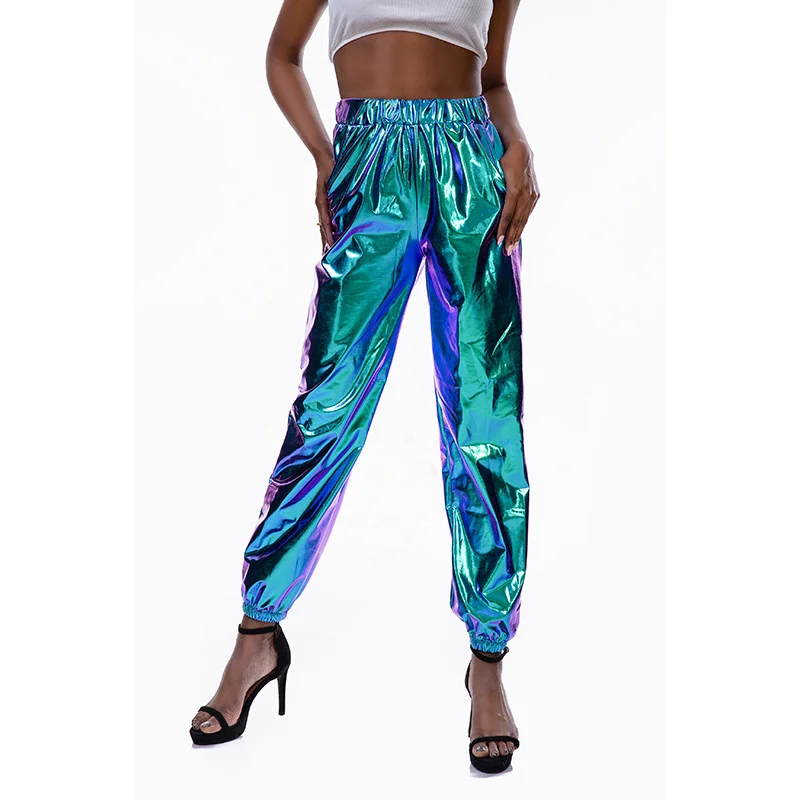 High Waist Metallic Shiny Jogger Casual Holographic Color Streetwear Trousers Women Fashion Smoothy Reflective Pants Hip Hop