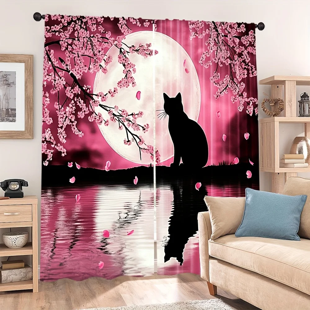 

2pcs Cherry Blossom Moon Curtains Black Cat Silhouette Print Drape Japanese Style Bedroom Window Treatment Romantic Night Home