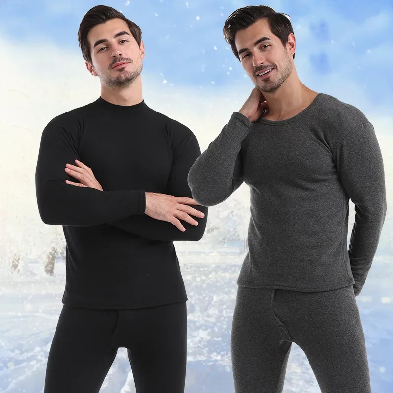 

Men's Fleece Thickened Thermal Underwear Set Winter Round Neck Medium Neck Leggings Cotton Sweater