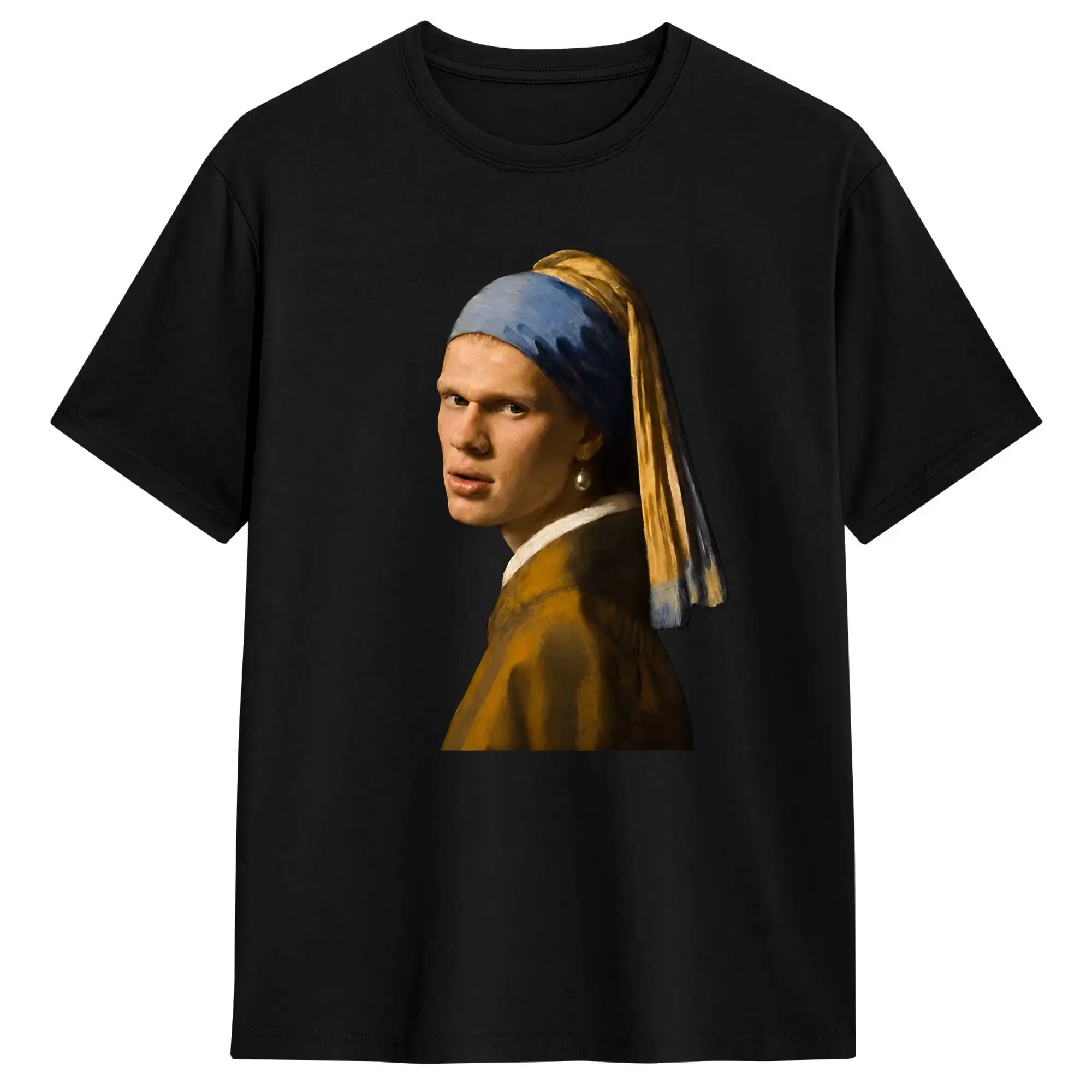 Vintage Erling Haaland Funny Meme Girl With Peal Earring Parody T-Shirts for Men O Neck Cotton T Shirt Short Sleeve Tees Gift