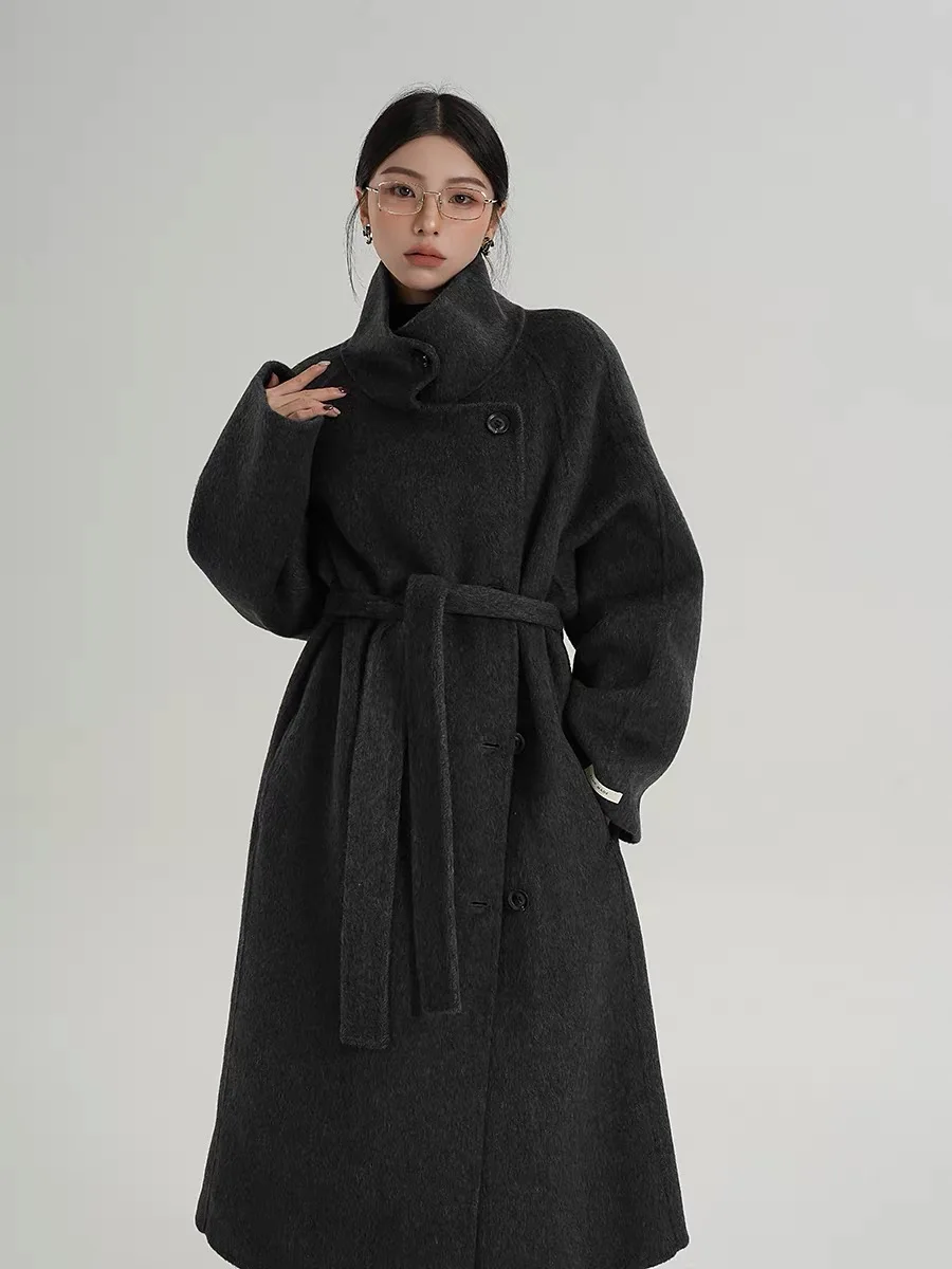Advanced Gray Standing Collar Long Woolen Coat For Women'S Autumn And Winter Clothing, New Fashionable Double-Sided Woolen Coat
